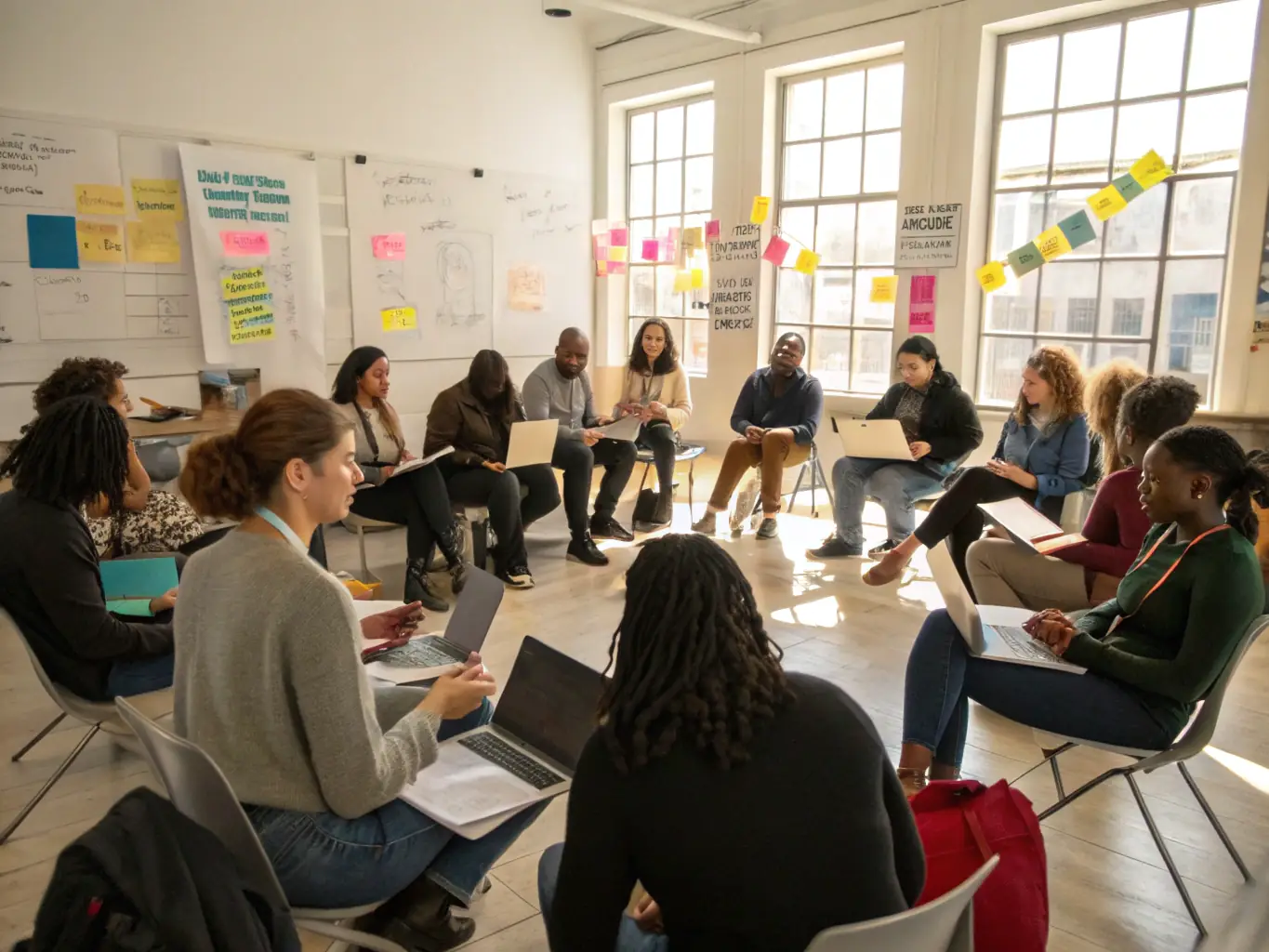 A group of UK leaders participating in a cohort-based coaching program, facilitated by a ProCoach UK coach, engaging in peer learning and strategic discussions.
