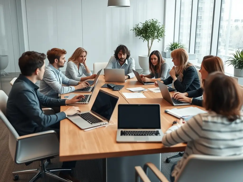 A diverse team of UK professionals engaged in a collaborative coaching session, fostering communication and strengthening team dynamics in a boardroom.