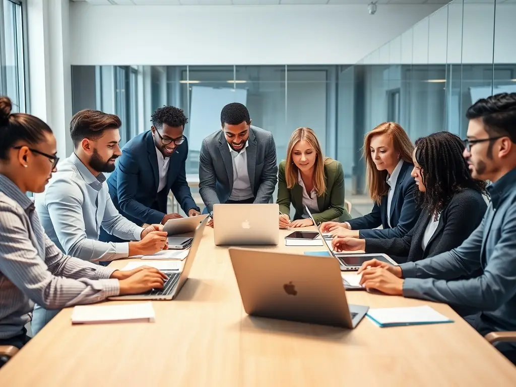 A diverse team of British professionals participating in a dynamic team coaching session, facilitated by a ProCoach UK coach, focusing on improving communication and collaboration.
