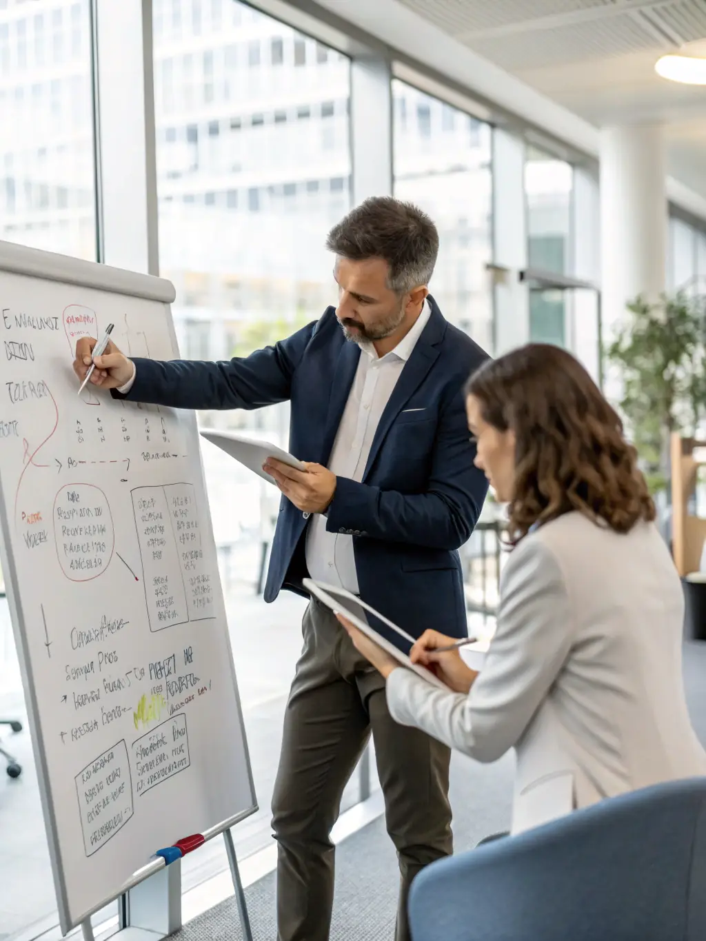 A professional coach engaging with a UK executive in a modern office setting, emphasizing focus and strategic thinking.
