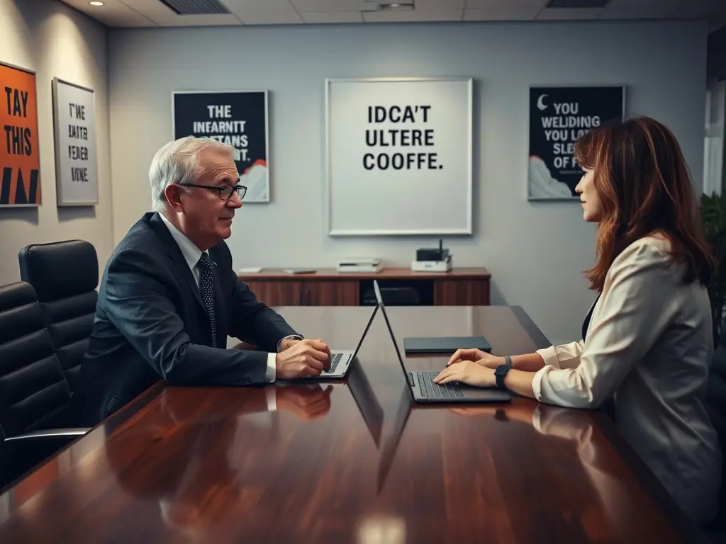 A professional British executive in a modern office setting, engaged in a focused one-on-one coaching session with a ProCoach UK coach, discussing strategic goals and leadership development.