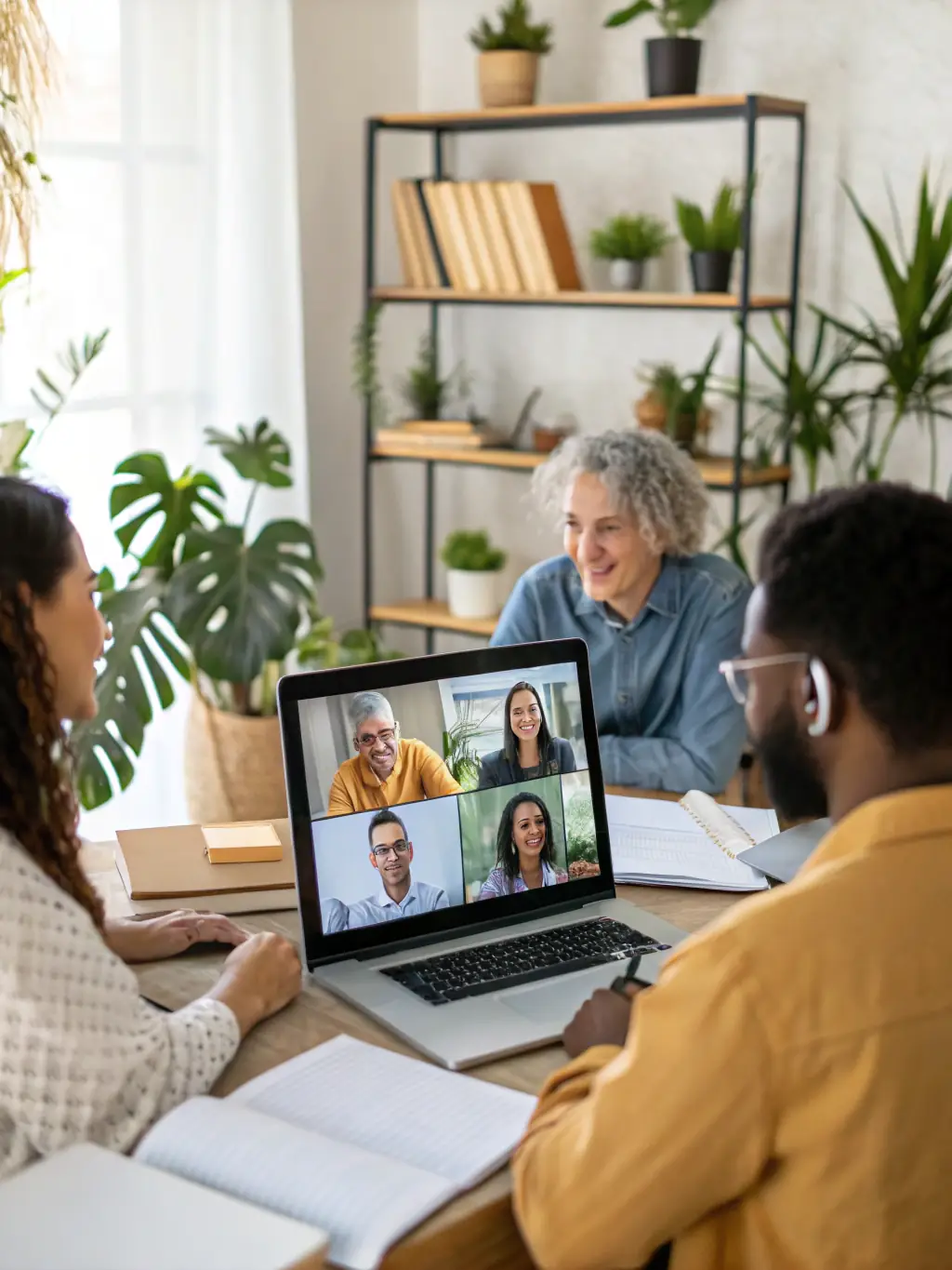 A group of UK leaders participating in an interactive virtual workshop with a coach guiding discussions.